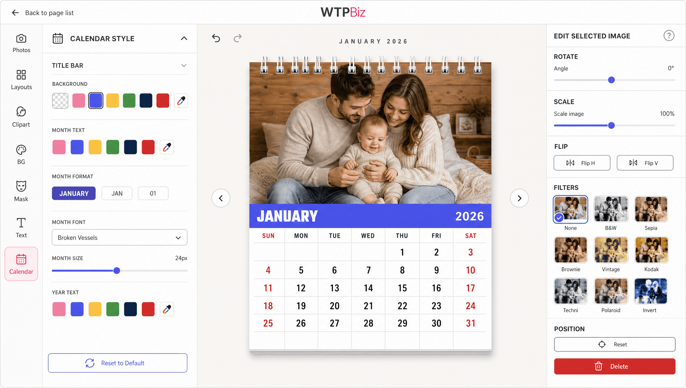 WTPBiz photo calendar designer: calendar style customization panel and edit image controls