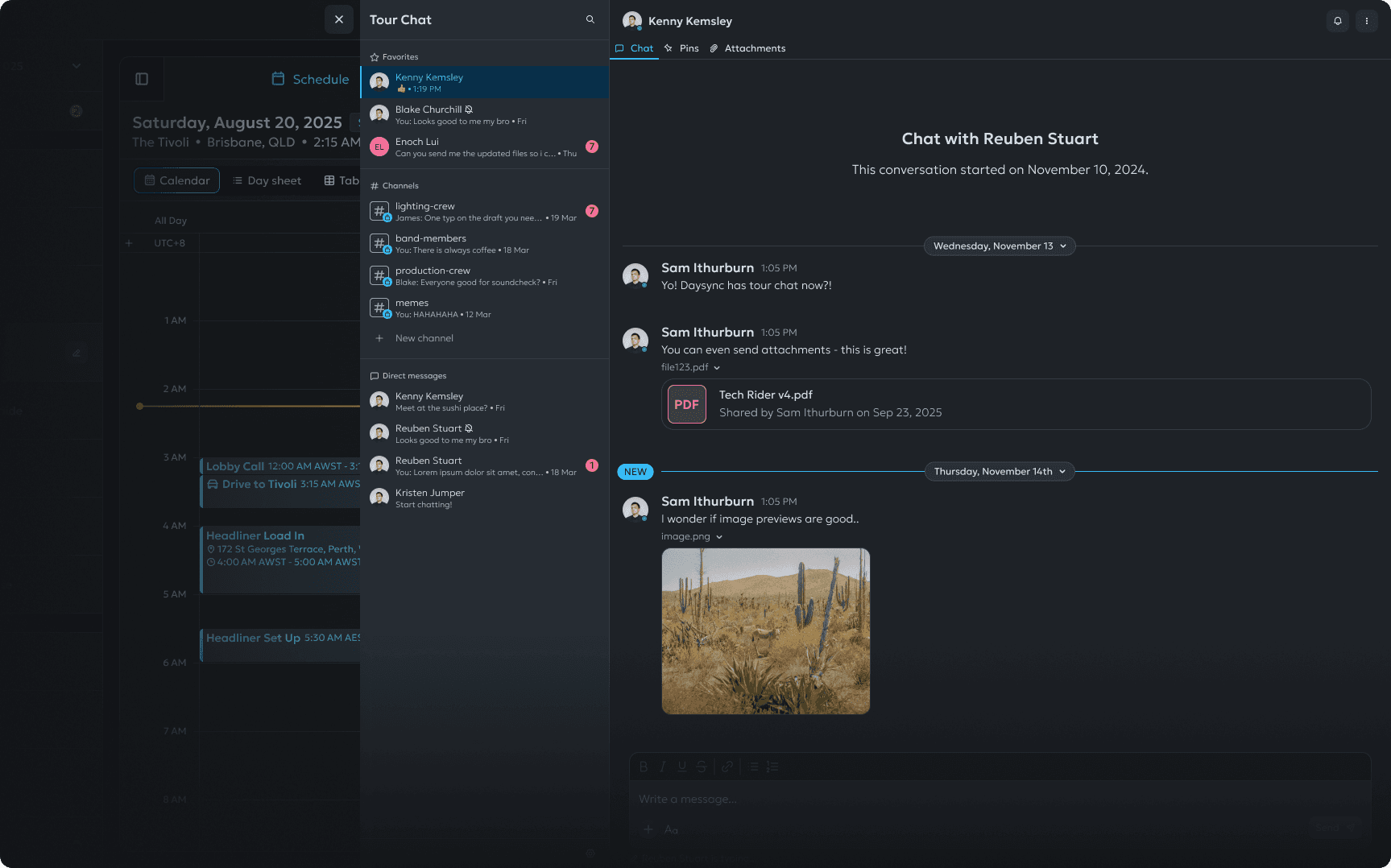 The DaySync tour management web app, showing the detailed