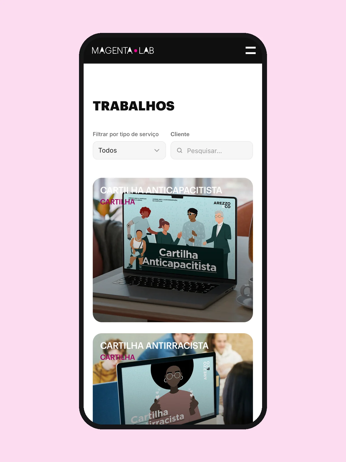 Página de trabalhos do site da Magenta Lab no celular