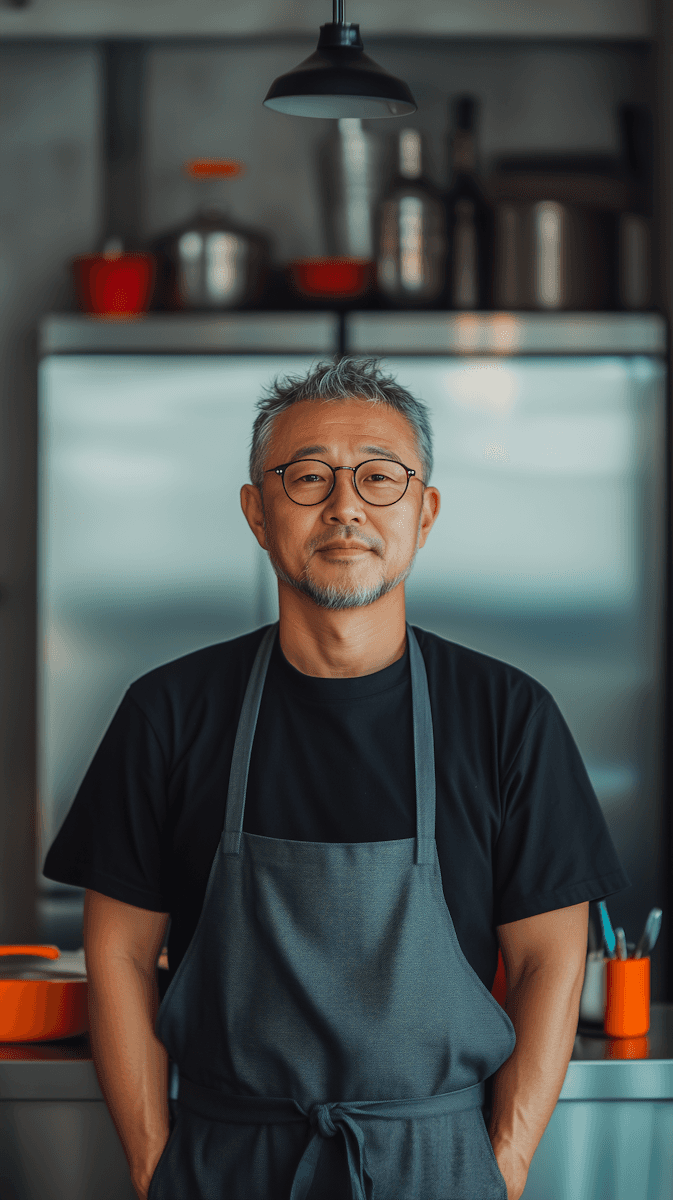 A middle-aged man with gray hair and glasses, wearing a dark apron, standing and looking directly at the camera with a neutral expression against a blurred, metallic kitchen background.