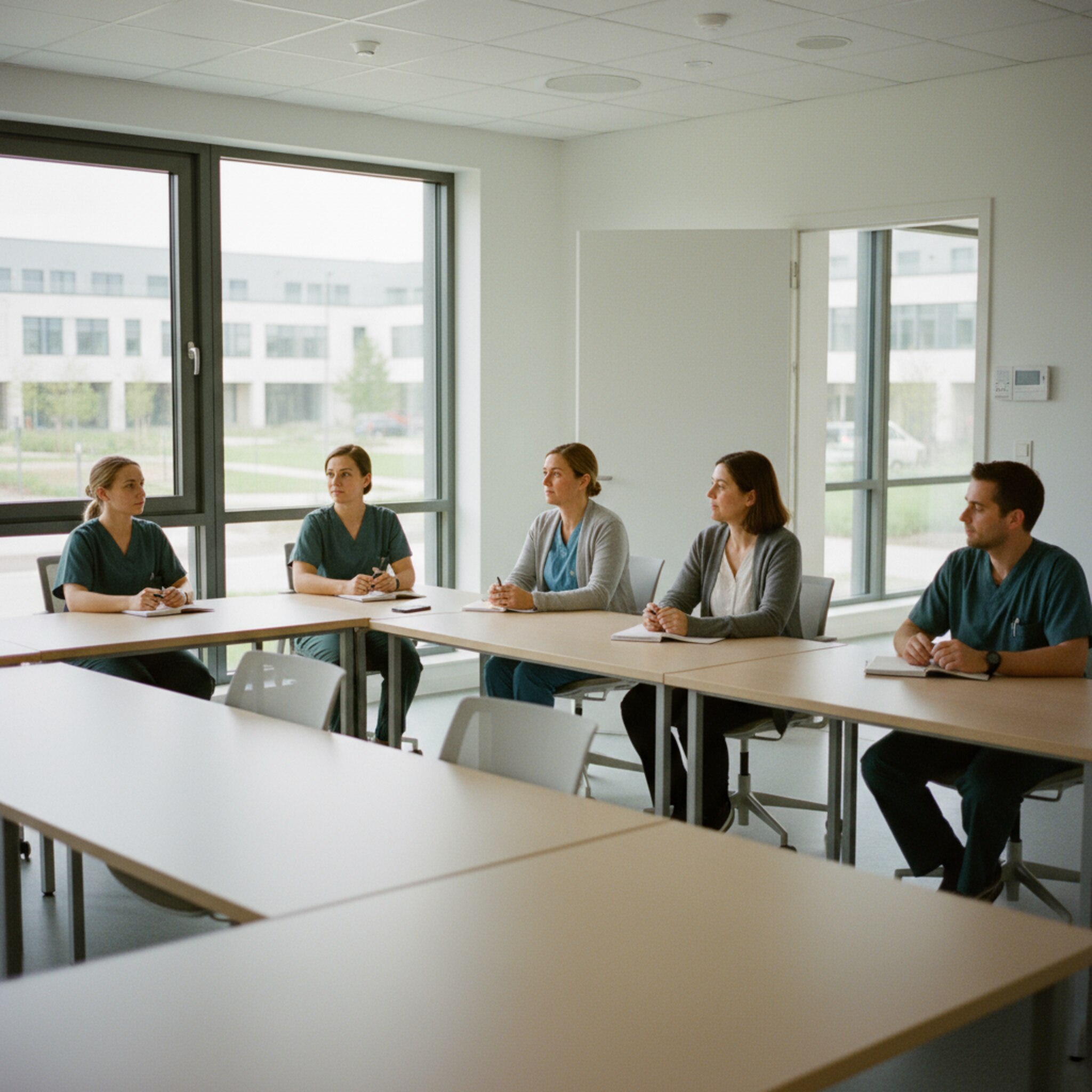 In einem hellen Besprechungsraum nehmen Teams pünktlich Platz. Ein Blick durchs Fenster zeigt den geordneten Klinikcampus, Stühle und Tische sind passgenau arrangiert. Die Tür ist offen, der nächste Termin kann starten. Die Szene vermittelt Effizienz und verlässliche Planung.
