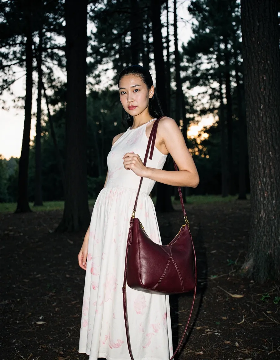 Elegant white dress with subtle pink patterns contrasted against dark forest at dusk, paired with burgundy leather shoulder bag
