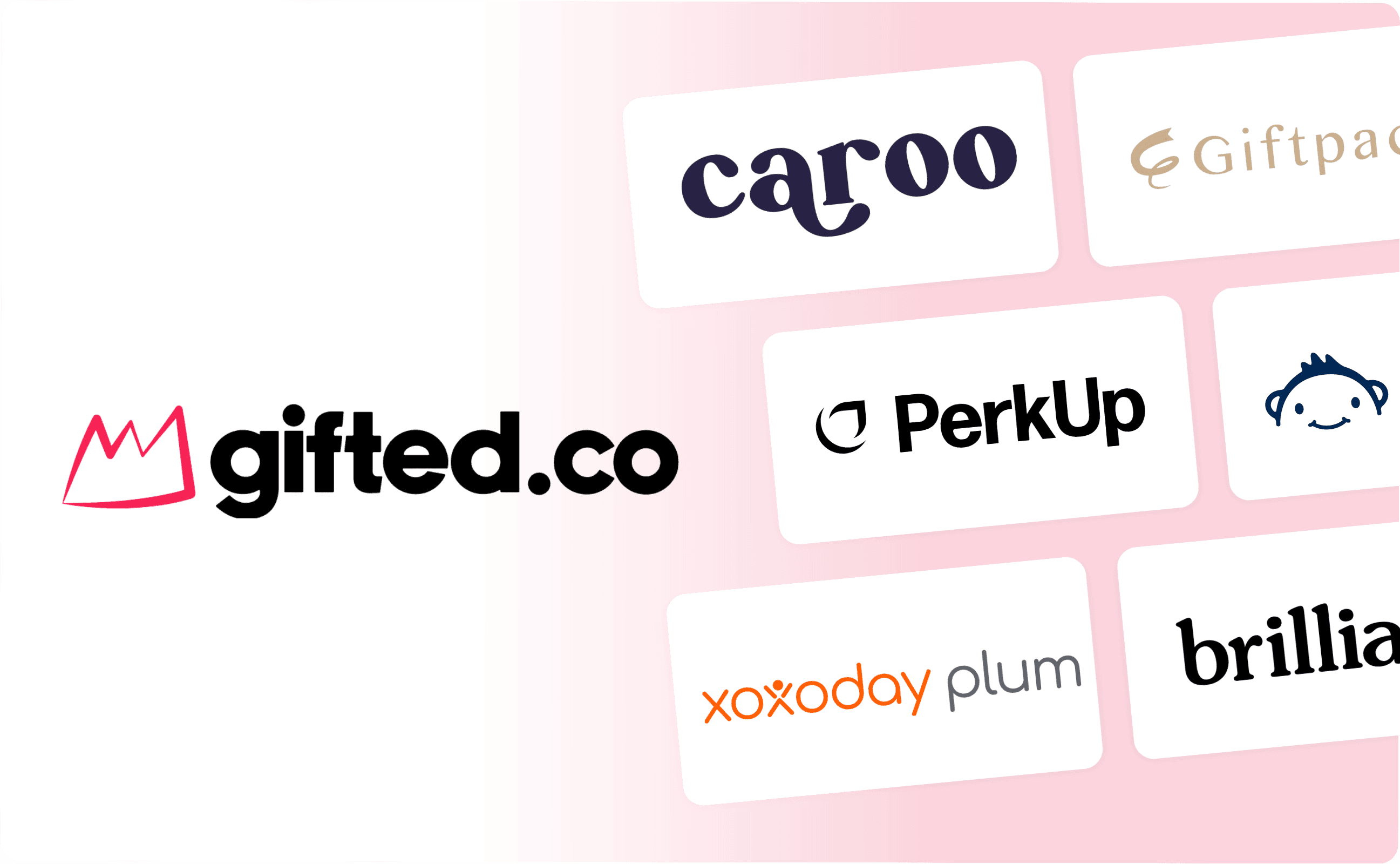 An image containing the logo of Gifted.co, Caroo, Giftpack, PerkUp, Snappy, Xoxoday Plum, and Brilliant.