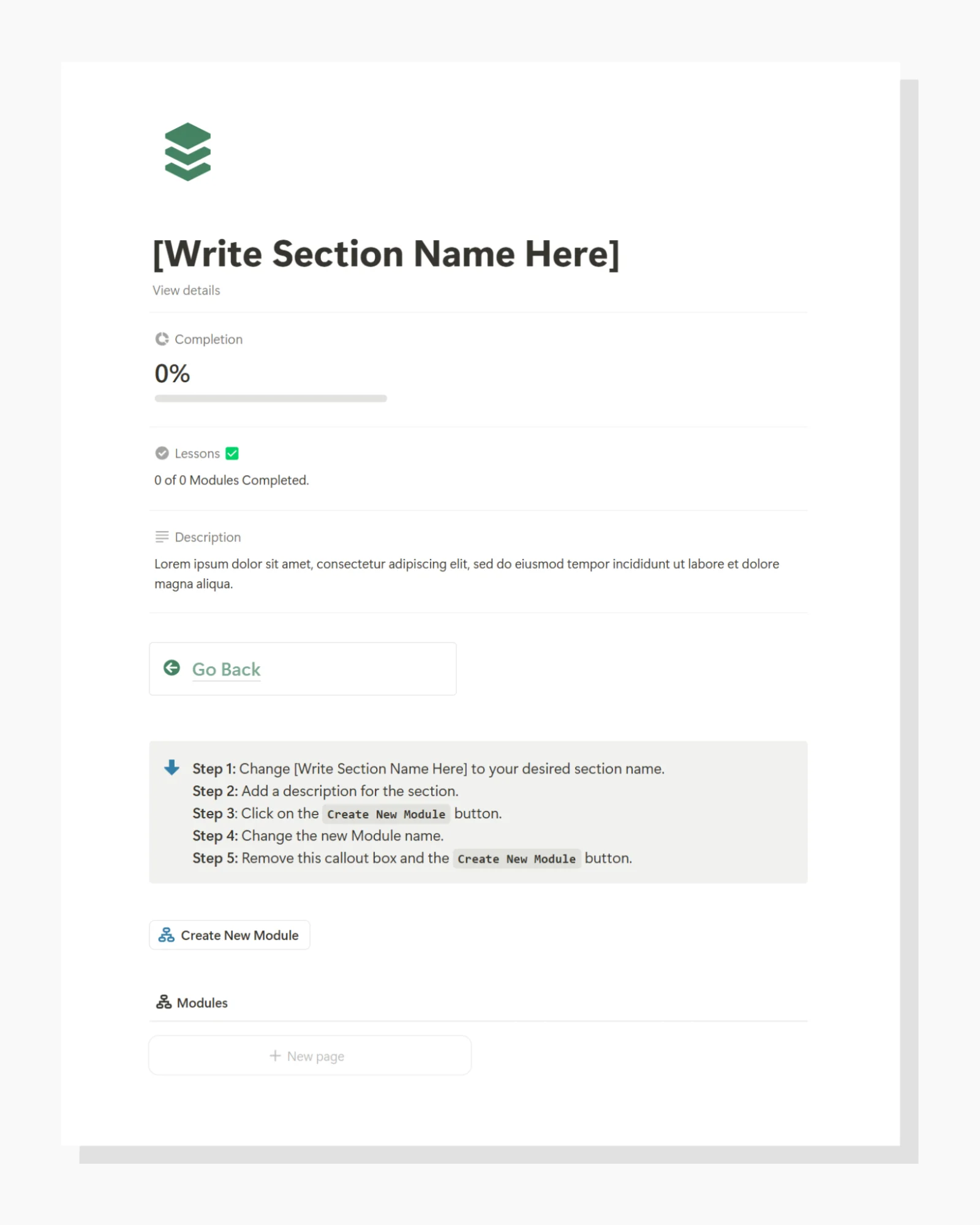 new section example Course Creator Notion Template