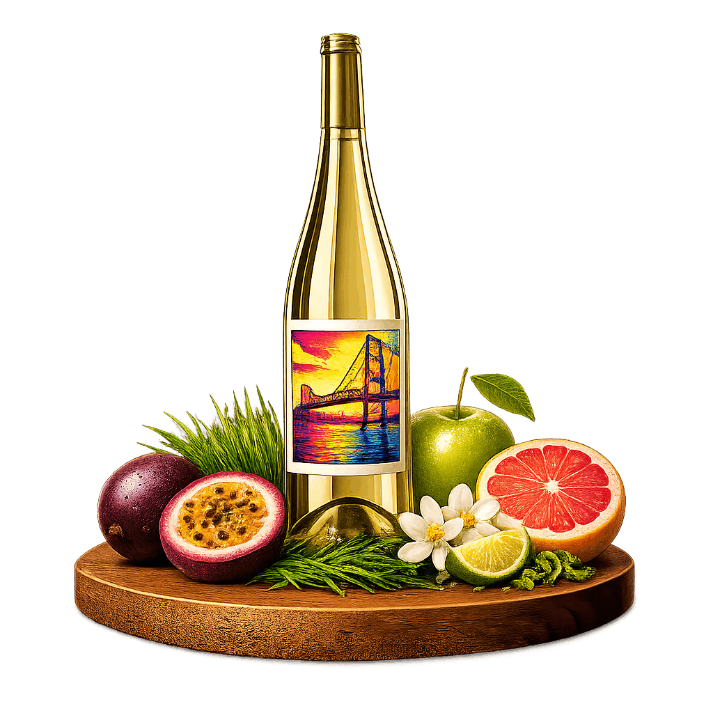 Artistic label and flavor profile for Santa Catarina White on a rustic wooden table.