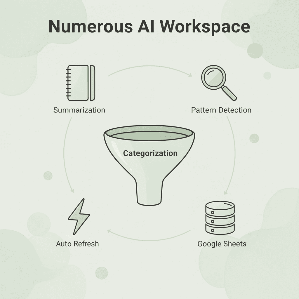 Hub and spoke infographic showing Numerous AI at the center connected to key capabilities
