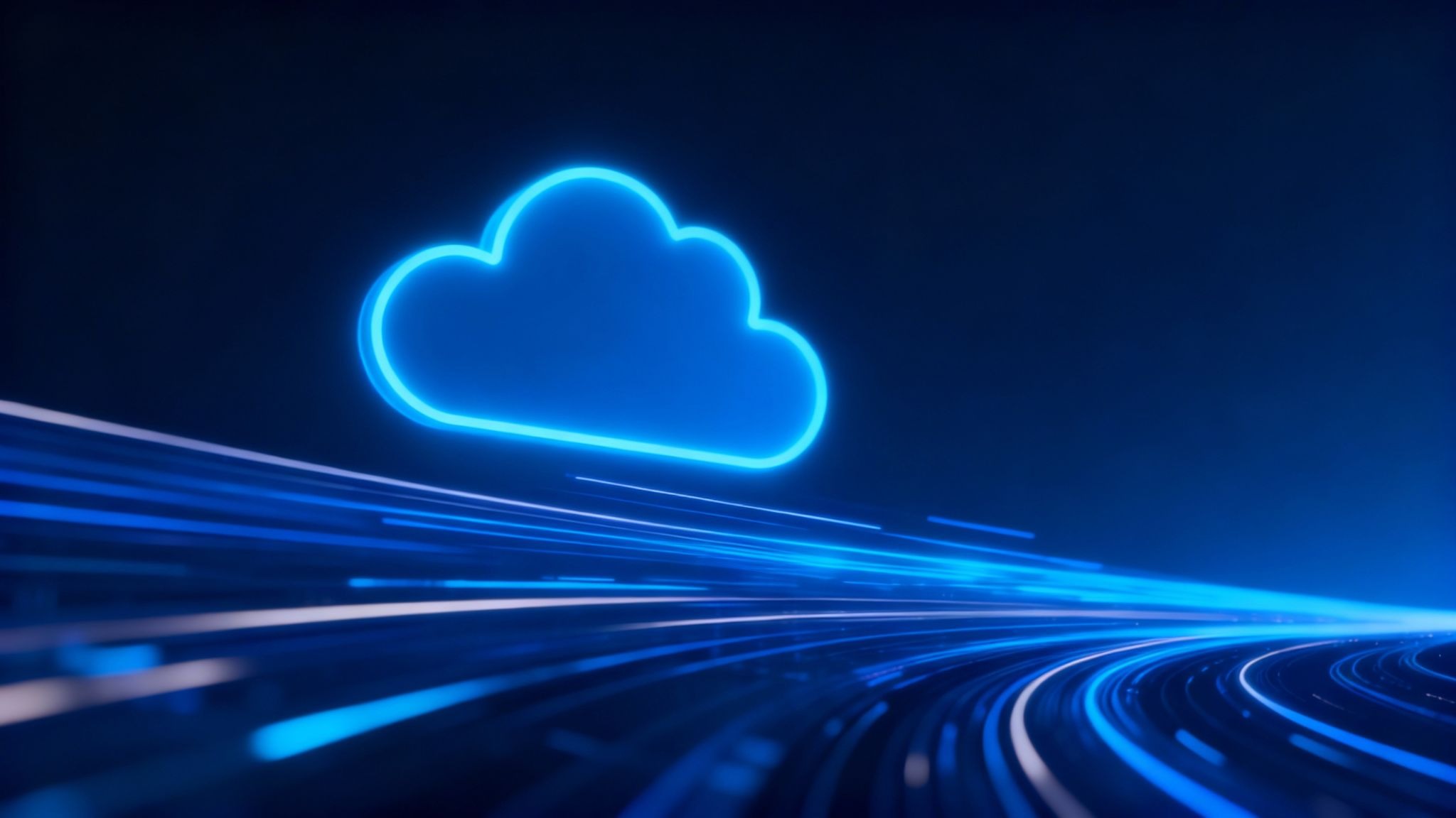 Futuristic cloud infrastructure with glowing blue digital clouds and high speed data motion trails.