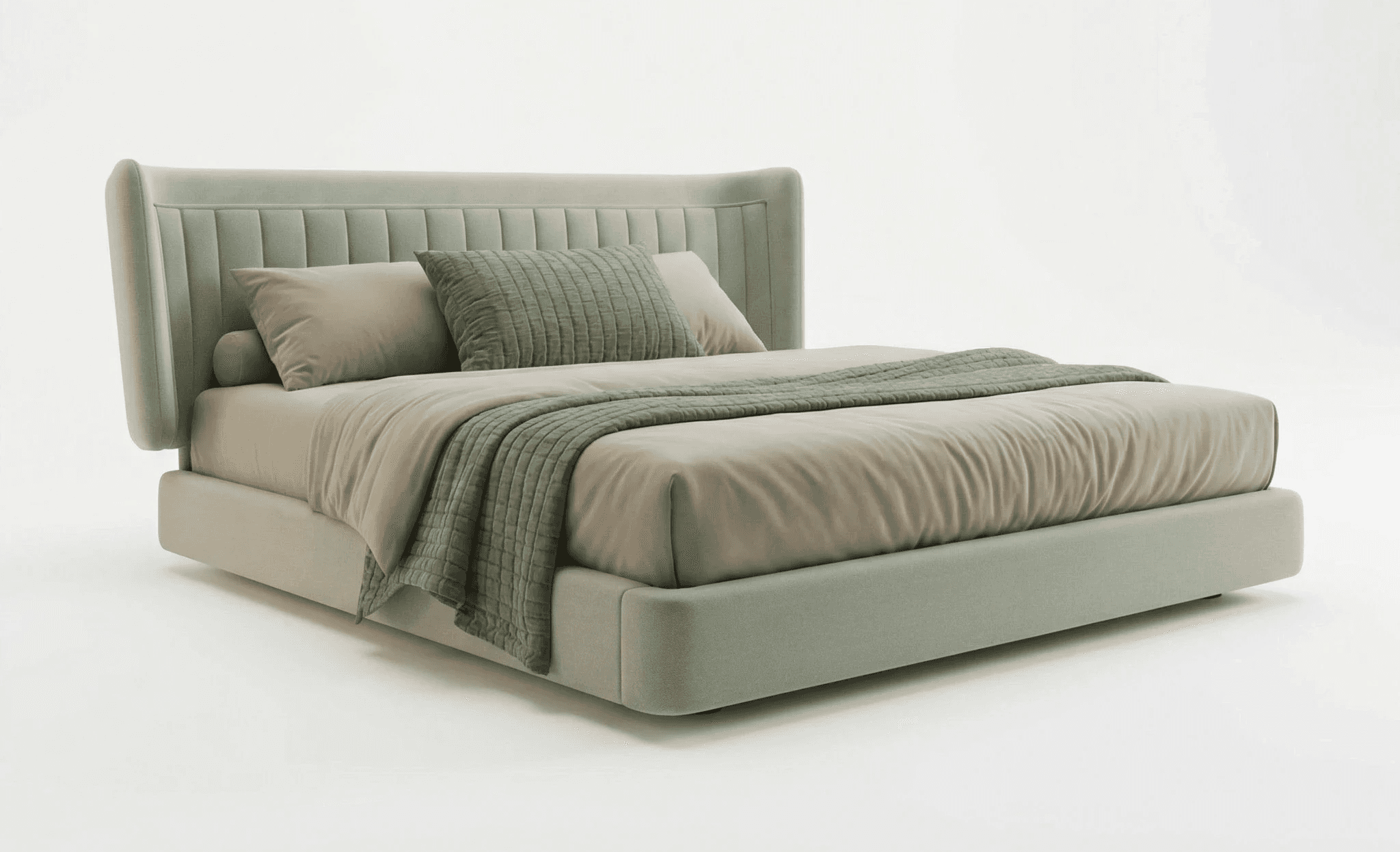 Contemporary bed with extended headboard, subtle piping, and low‑profile base