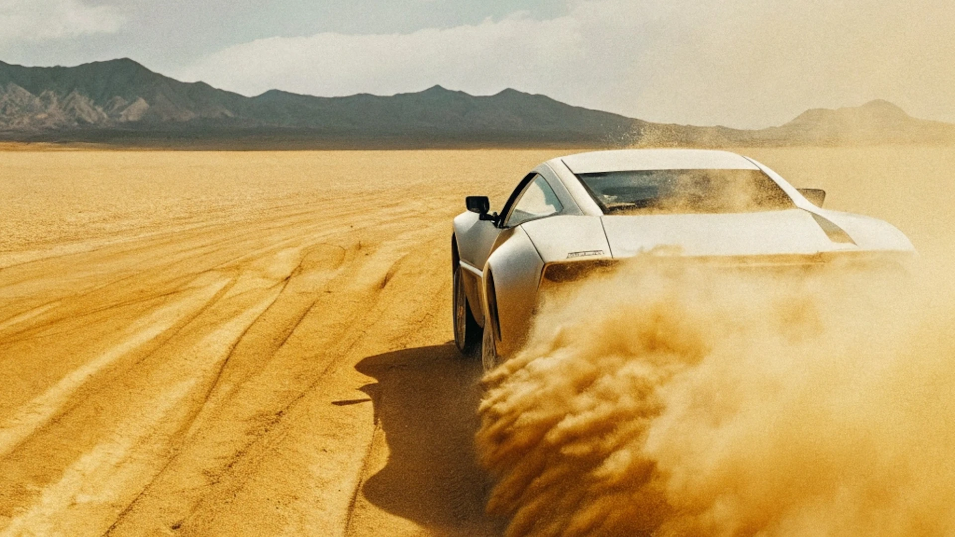 Drifting car view from the left with the back of the car in the desert