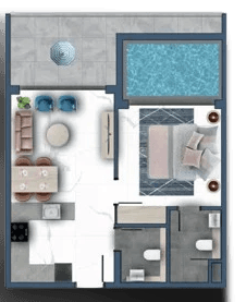 Floor plan of a 1-bedroom apartment at Samana Miami, featuring a layout with a pool area included.