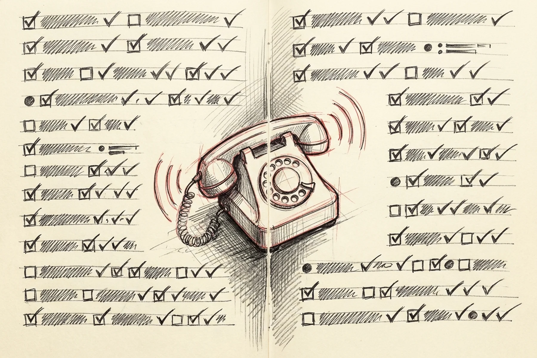 Jobber vs Workiz — hand-drawn sketch of a ringing phone stranded in the gap between two FSM feature checklists, neither one catching the call