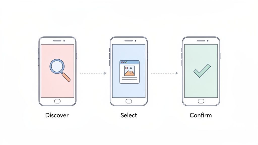 A visual guide on app user experience showing steps to discover, select, and confirm actions.