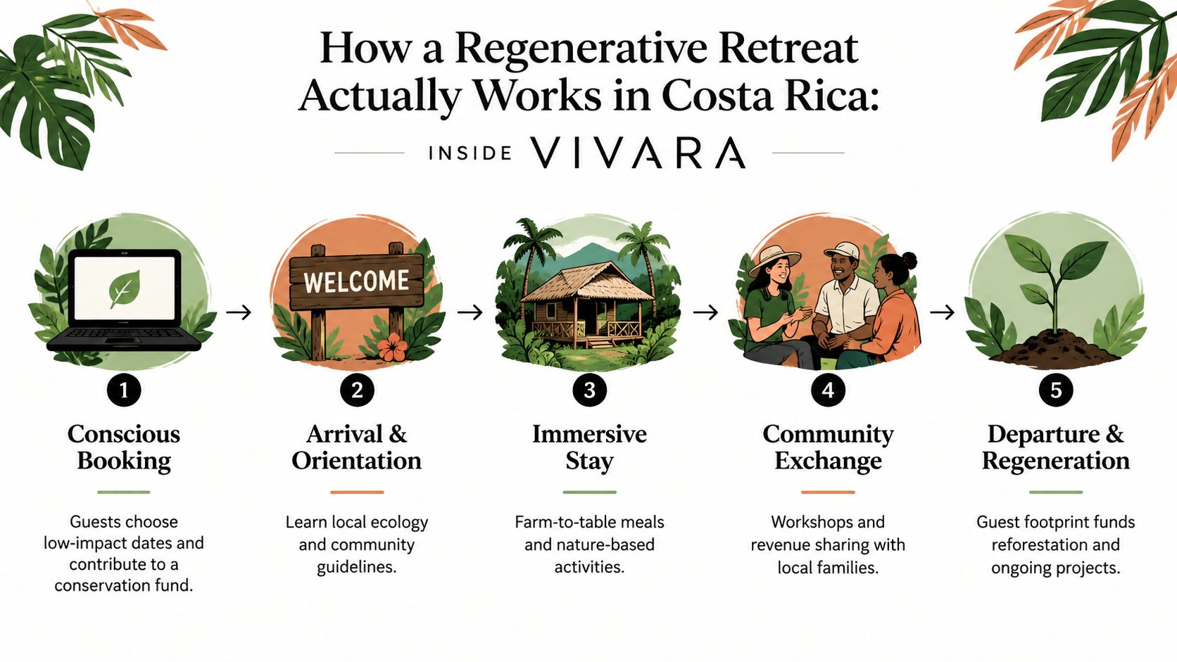 A five-step infographic explaining how a regenerative travel retreat works at Vivara in Costa Rica.