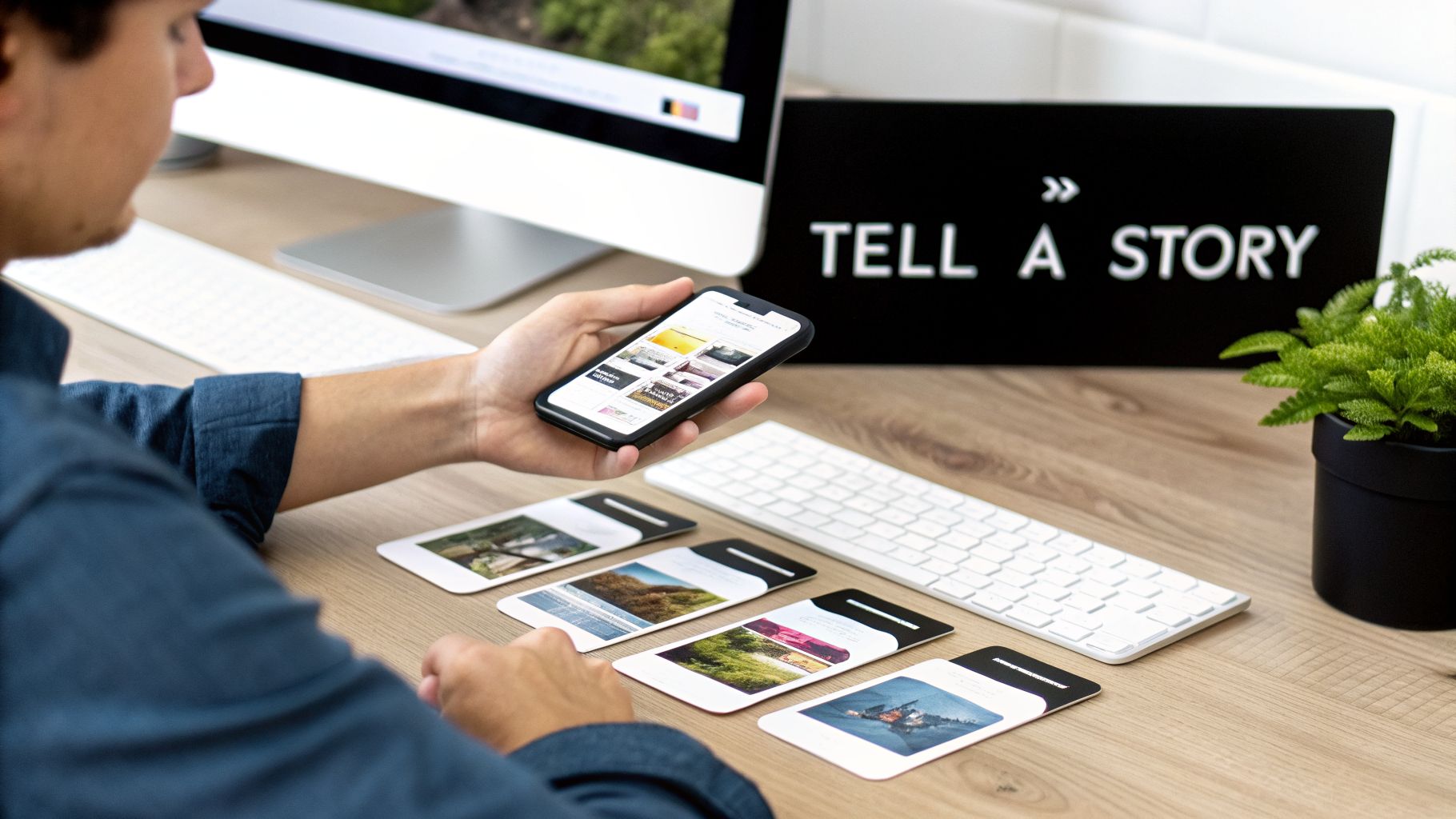 A person holds a smartphone, reviewing social media carousel content layouts on a wooden desk.