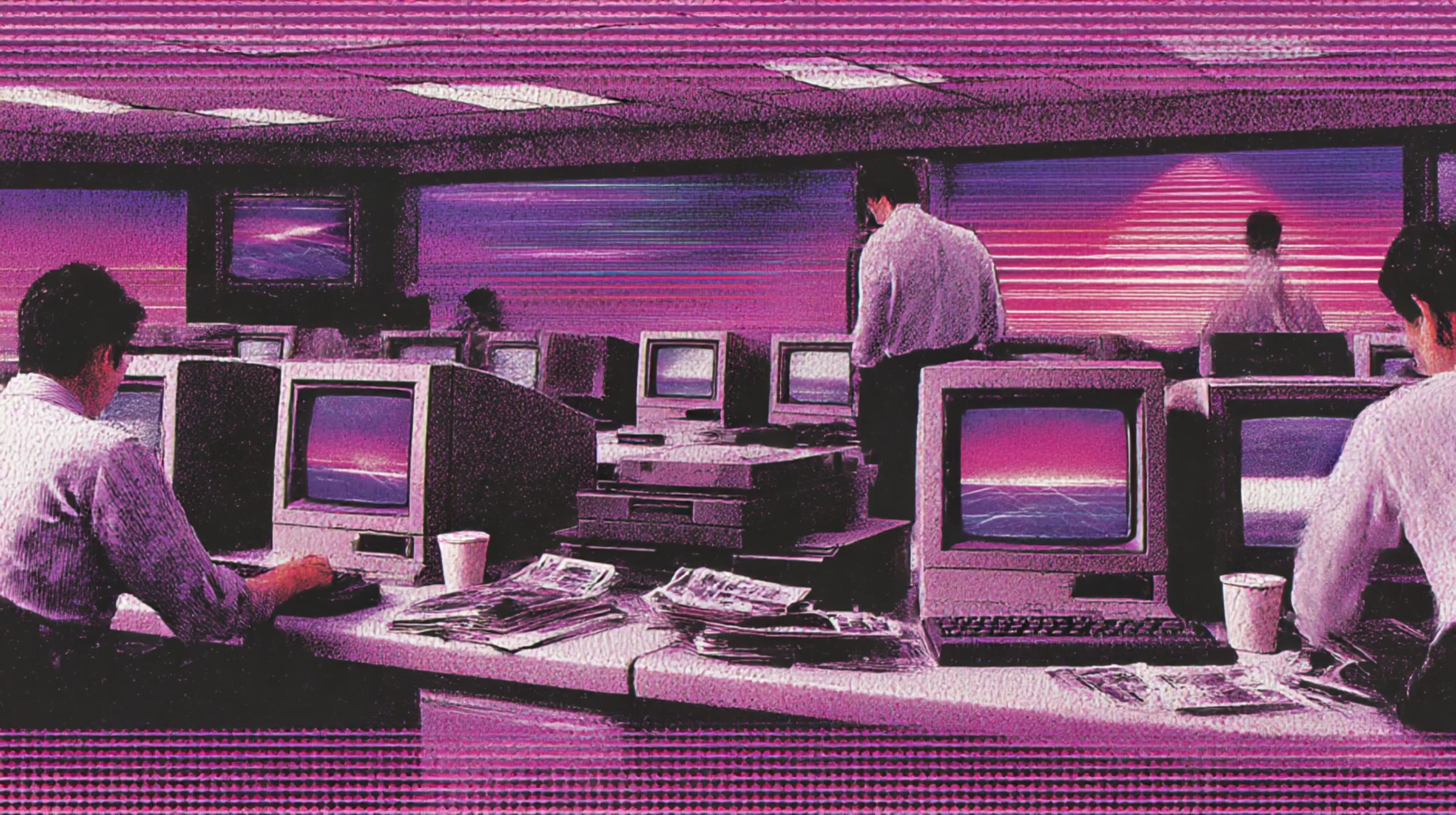 Rows of glowing CRT monitors and men in suits watch data streams on their screens — imagination translated into global systems.