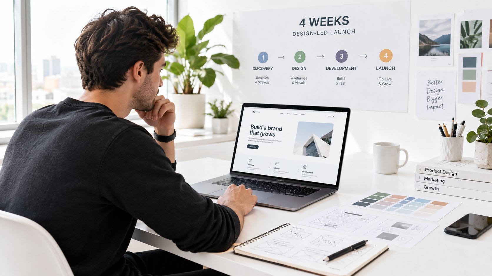 A professional designer working on a laptop at a bright desk with project planning visuals in background.
