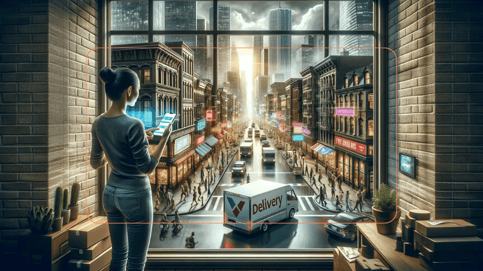 Woman using a tablet by the window overlooking delivery trucks and a busy city street