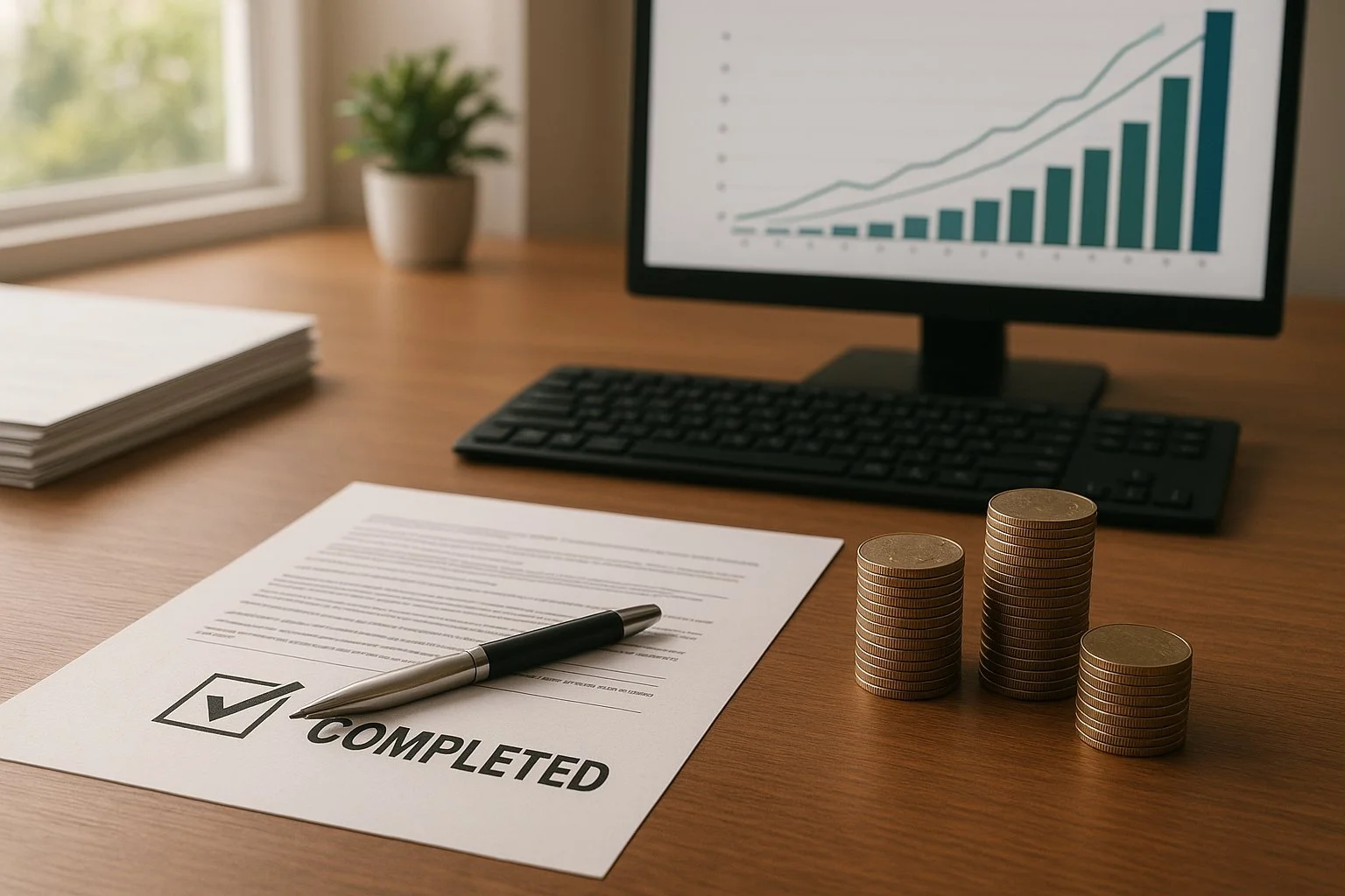 A calm office desk with completed paperwork, organized stacks of coins, and a computer screen showing growth charts, representing a successful SEP IRA setup.
