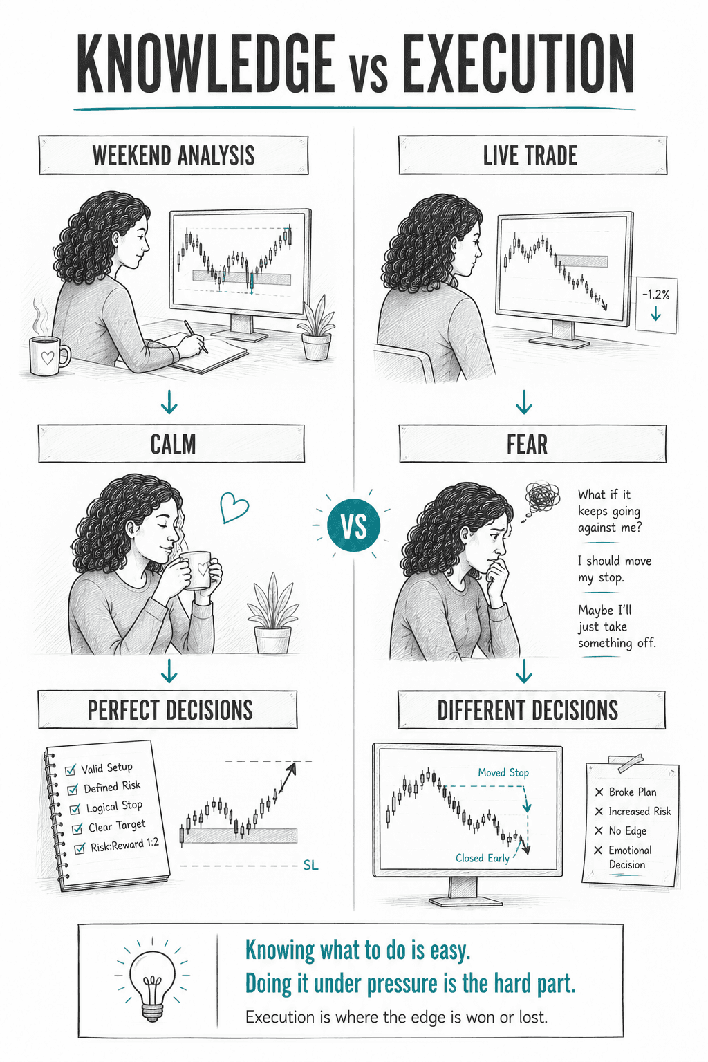 Comparison diagram showing the difference between making trading decisions during calm weekend analysis versus executing trades live under emotional pressure. The sequence progresses from Weekend Analysis to Calm to Perfect Decisions, contrasted with Live Trade to Fear to Different Decisions, illustrating the gap between knowledge and execution.