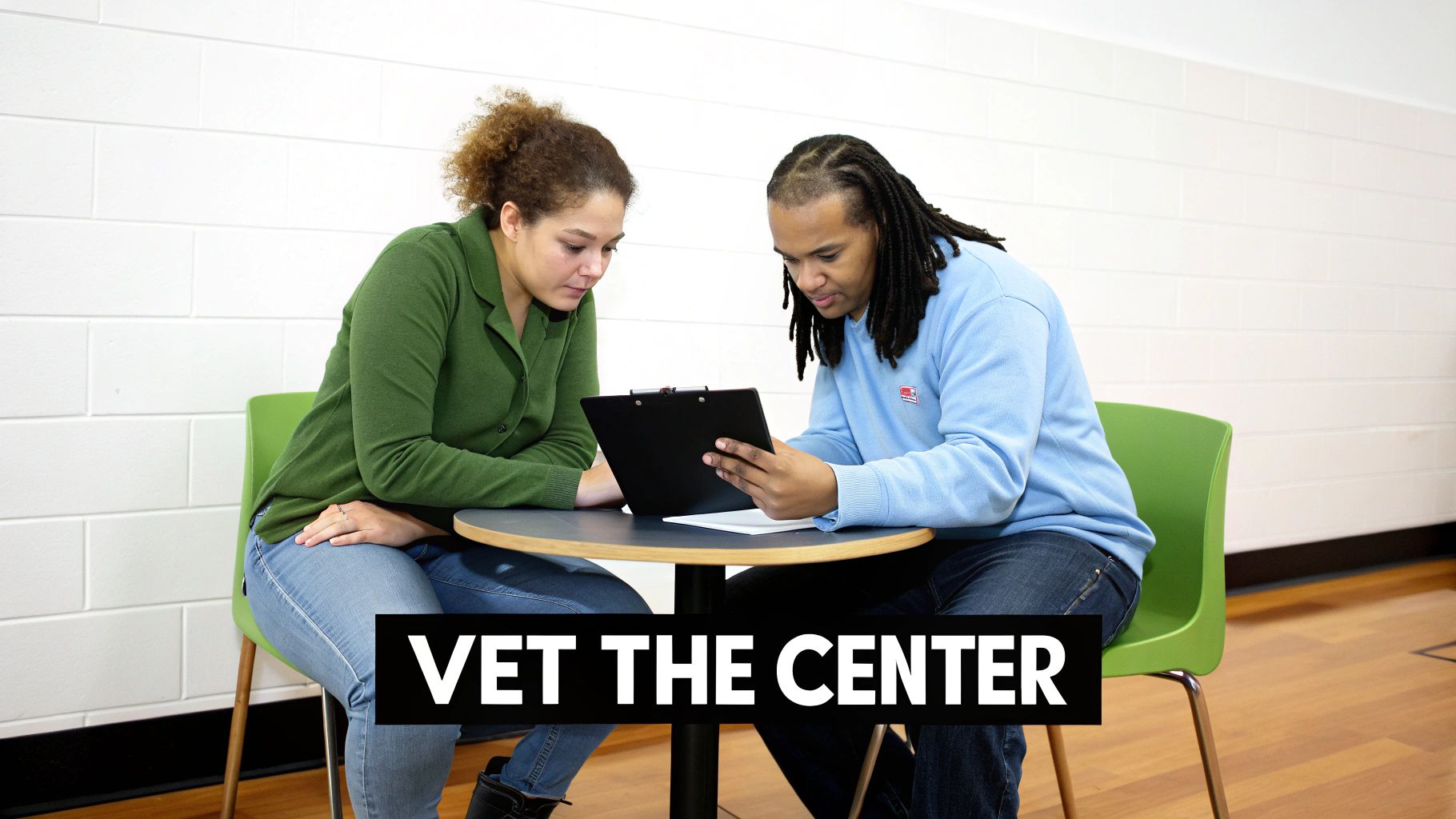 Two individuals review documents on a clipboard at a table in a room with a white brick wall.