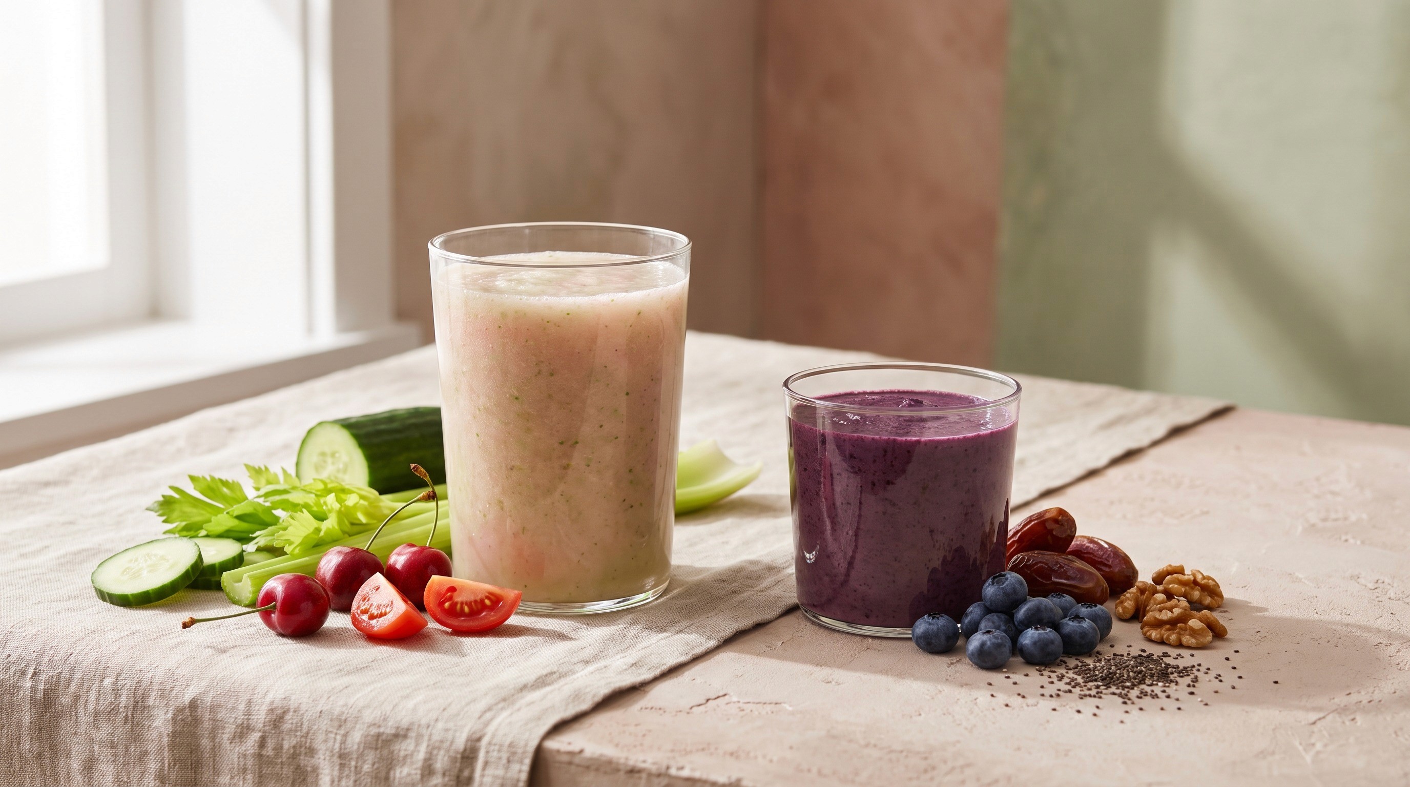 A tall glass of pale, dilute vegetable shake beside a smaller glass of thick, dark berry shake, each surrounded by its whole ingredients.