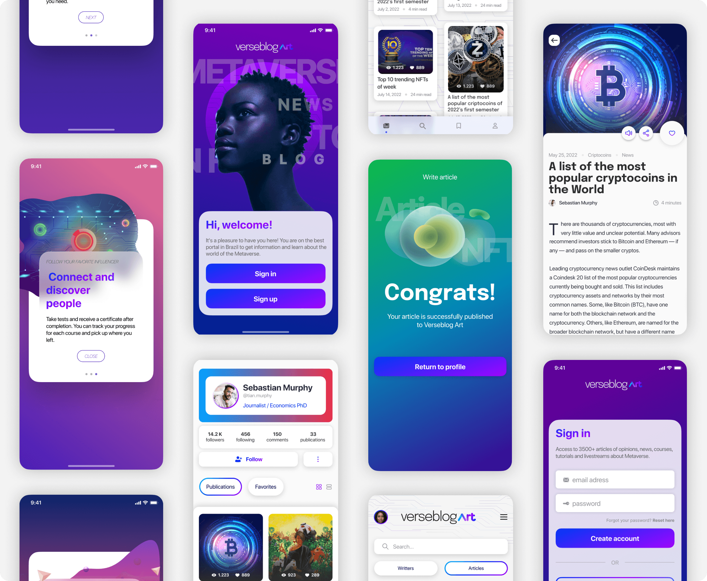 Interfaces do projeto do Verseblog Art, com imagens coloridas do cadastro, tela principal, modal de sucesso, etc.