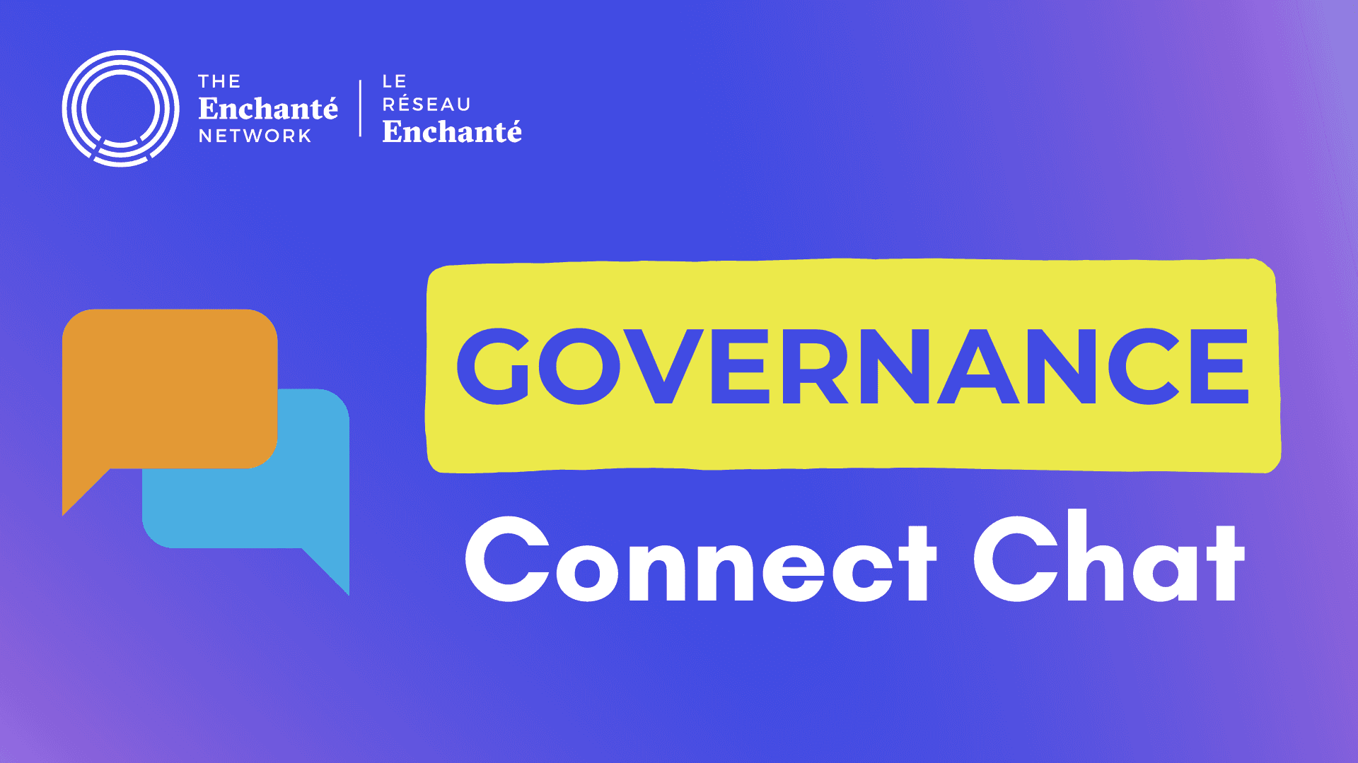 Graphic promoting a chat event titled "Governance Connect Chat" with colorful speech bubbles on a blue and purple background.