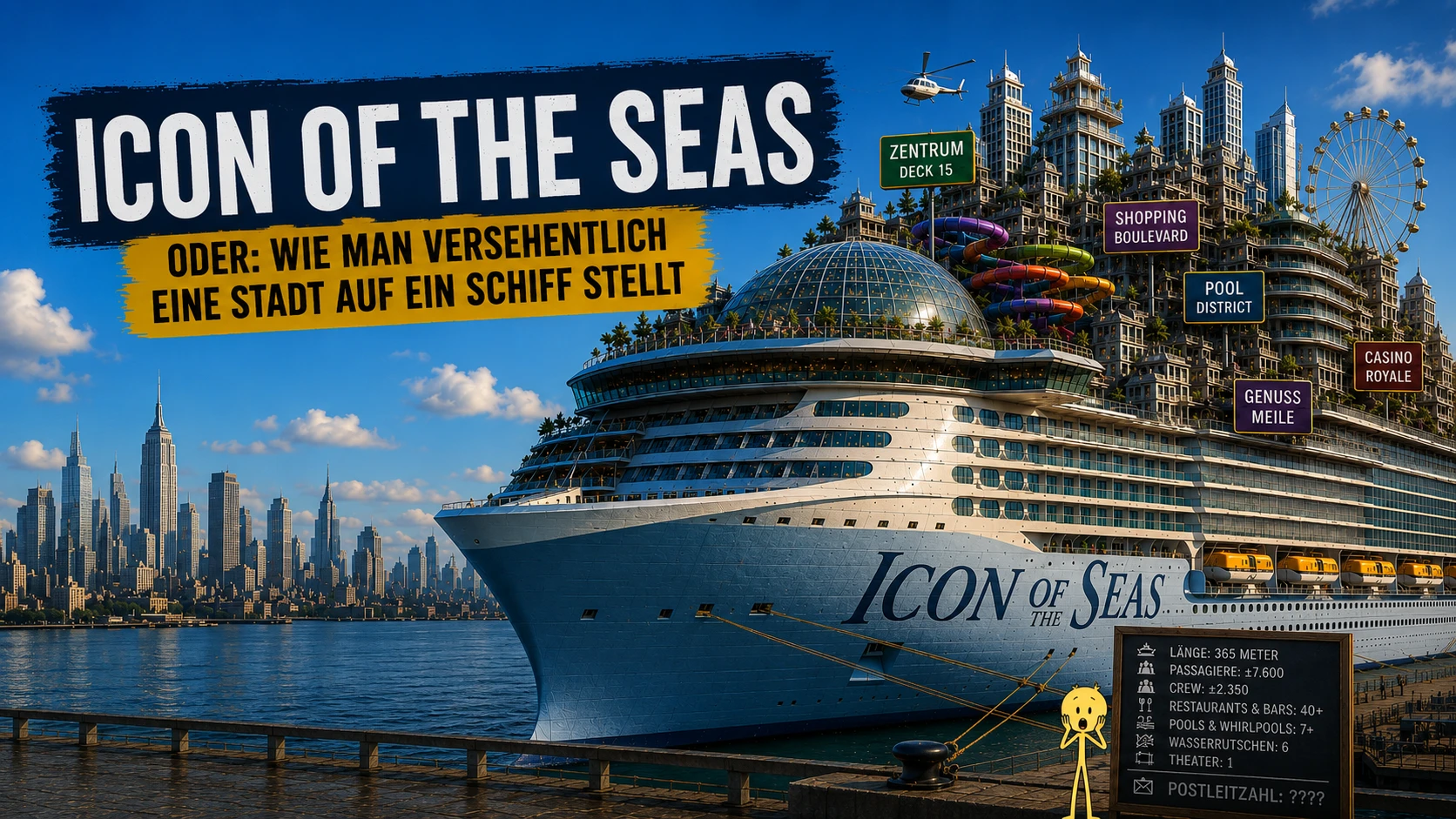 Satirische Illustration der Icon of the Seas als schwimmende Stadt mit Hochhäusern, Wasserrutschen, Einkaufsmeile und Casino.