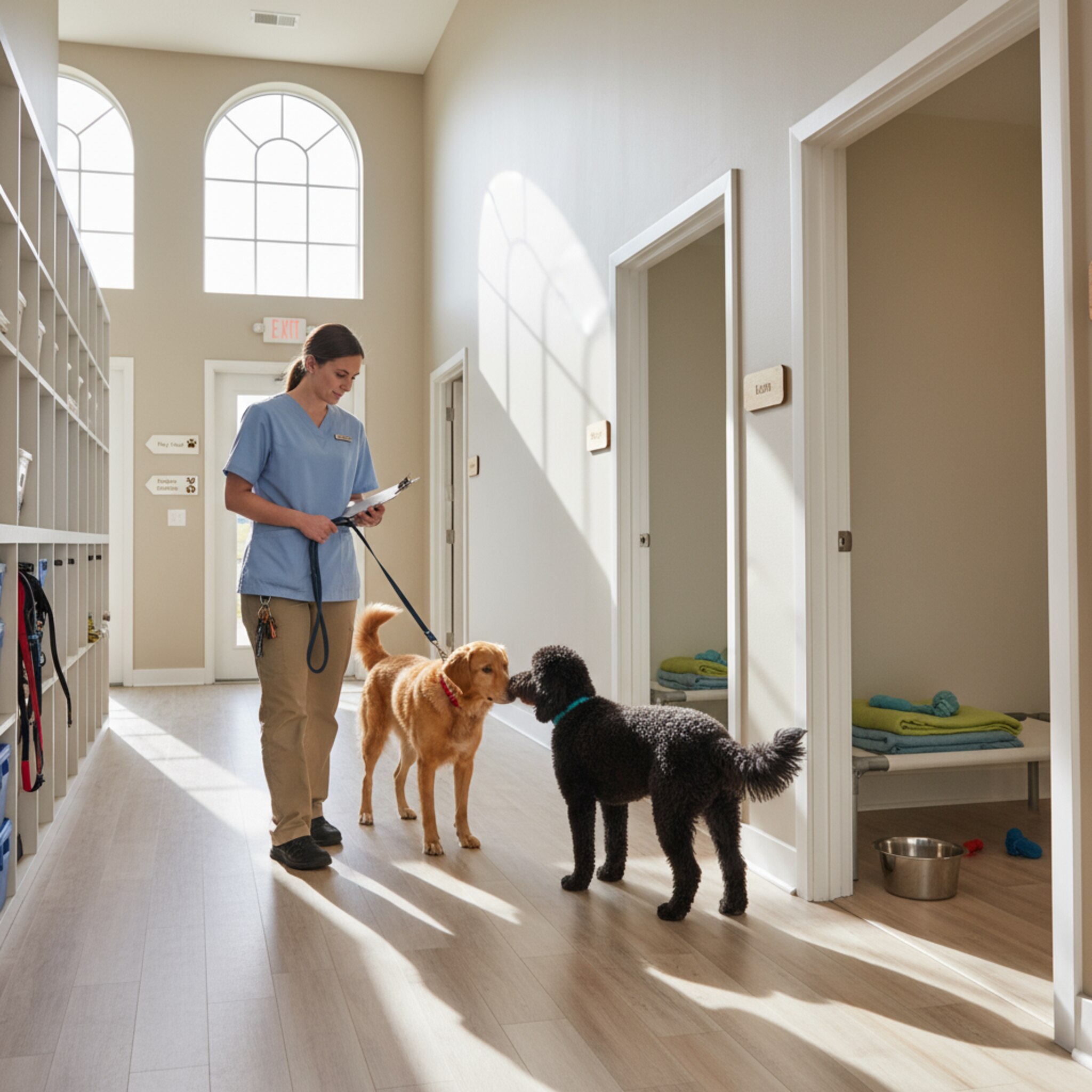 Entlang eines hellen Ganges prüft eine Betreuerin leise die Türen mehrerer Zimmer, während zwei Hunde kurz Nase an Nase schnuppern. Frisch gefaltete Decken und saubere Näpfe sind zu sehen. Die Stimmung ist geordnet und freundlich. Der Ablauf wirkt eingespielt und klar strukturiert.