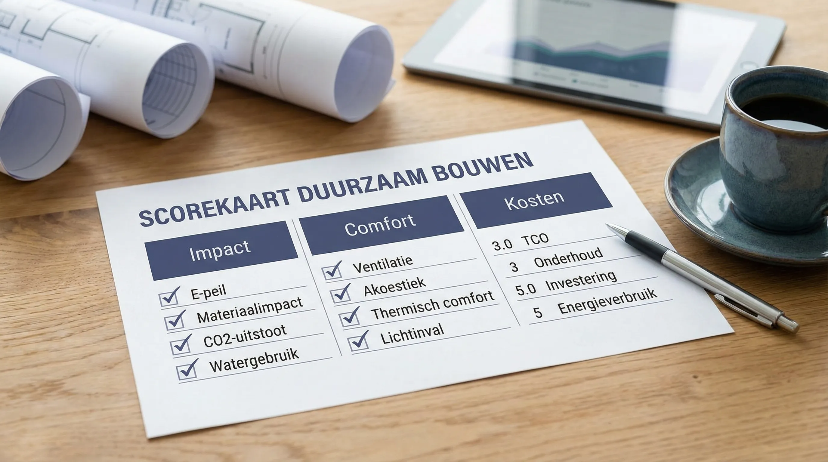 Illustratie van een eenvoudige scorekaart met drie kolommen (Impact, Comfort, Kosten) en per kolom 4 meetpunten zoals E-peil, materiaalimpact, ventilatie, akoestiek, TCO en onderhoud.