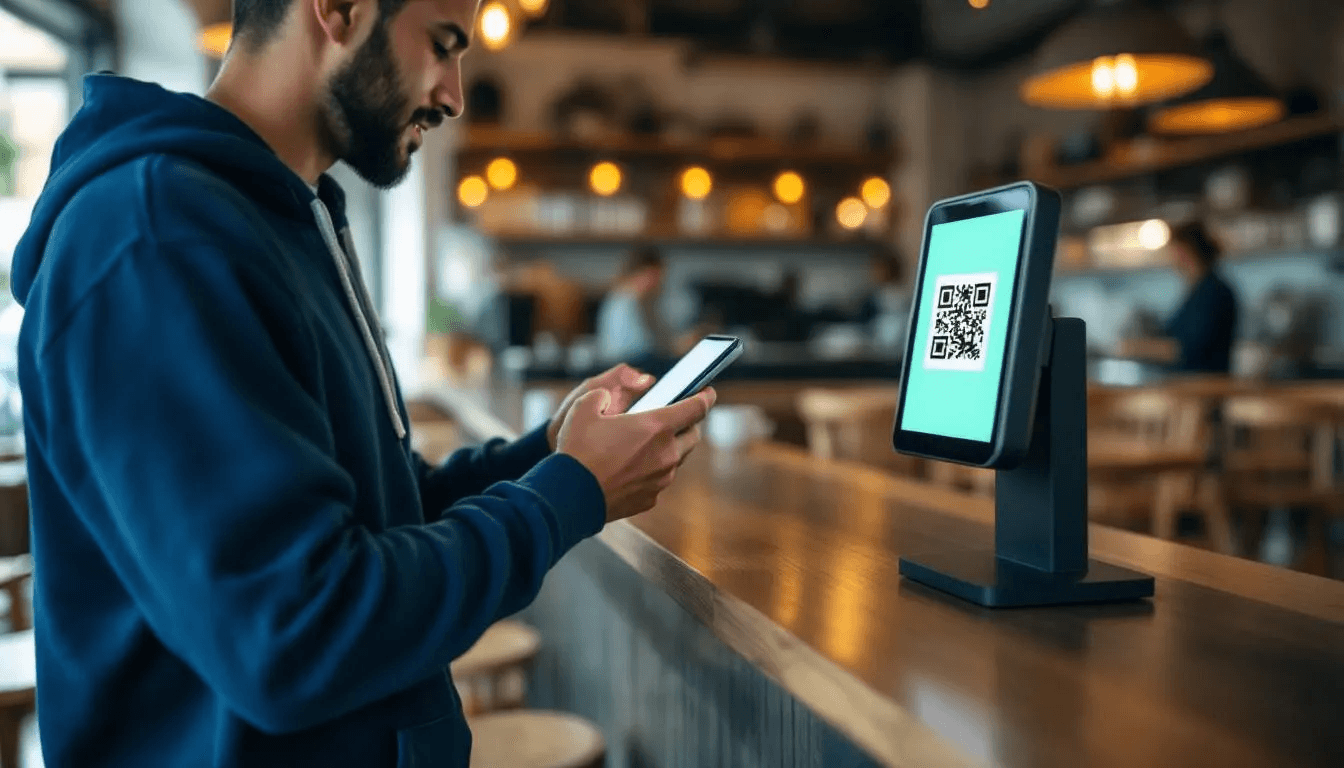 A person is scanning a QR code at a coffee shop counter to make a lightning payment, utilizing the lightning network for a fast and low-cost bitcoin transaction. This method allows for instant payments through payment channels, enhancing the efficiency of bitcoin transactions.