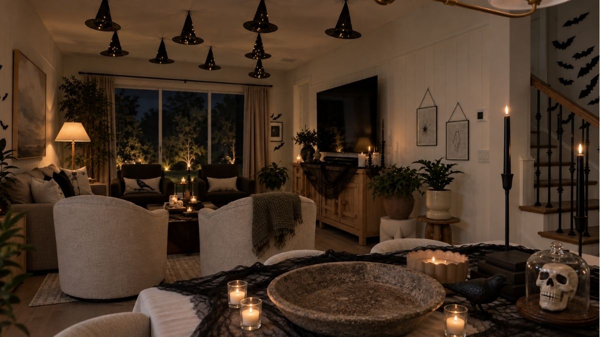 Open concept home with spooky halloween decor that isn't scary