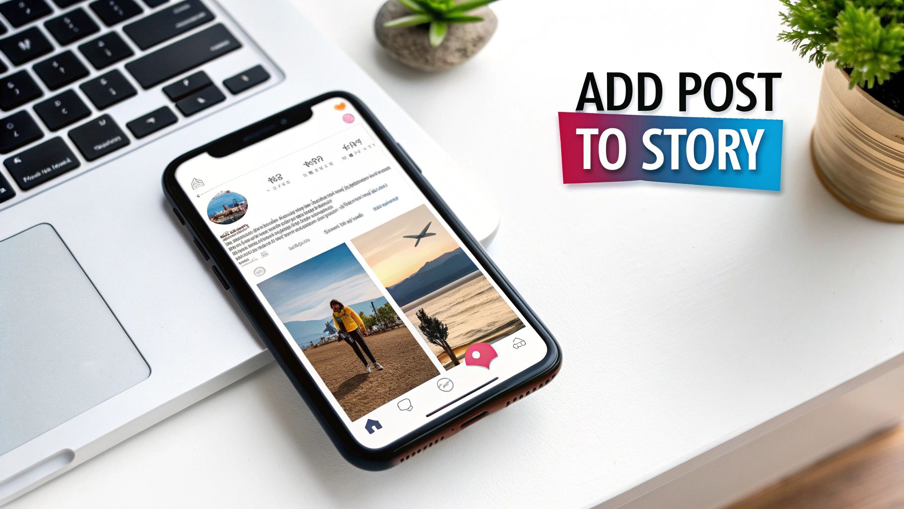 A smartphone displaying a social media feed rests on a laptop, with text 'ADD POST TO STORY' overlay.