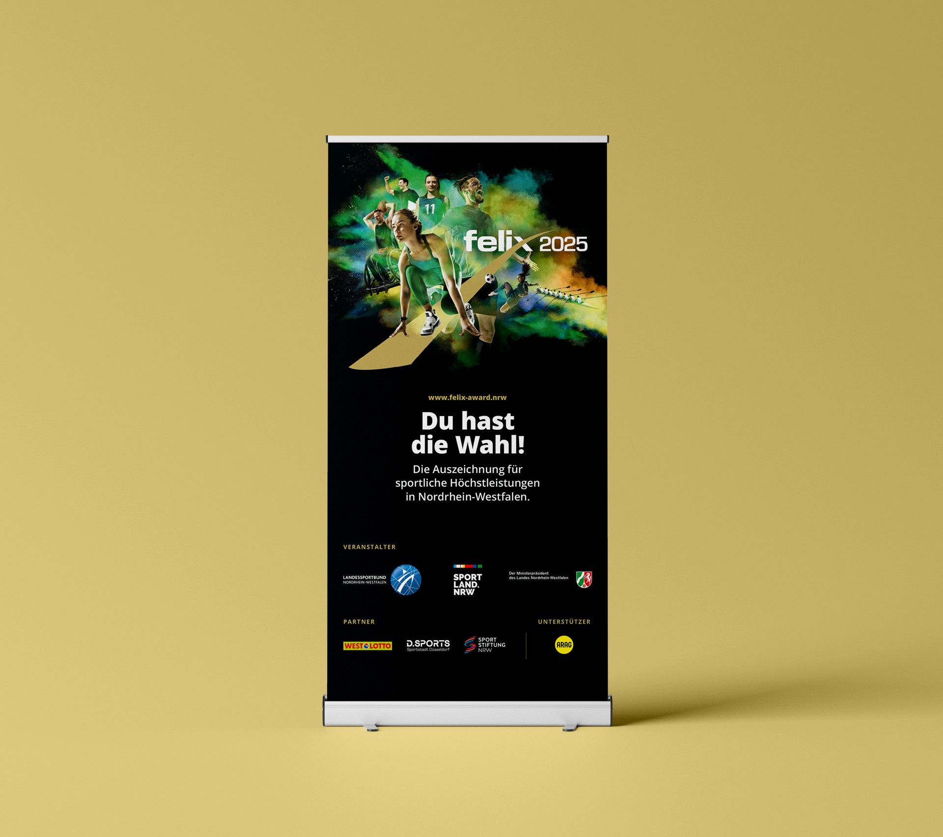 Roll-Up vom Felix Award mit Aufruf "Du hast die Wahl" und Logoleiste der Sponsoren