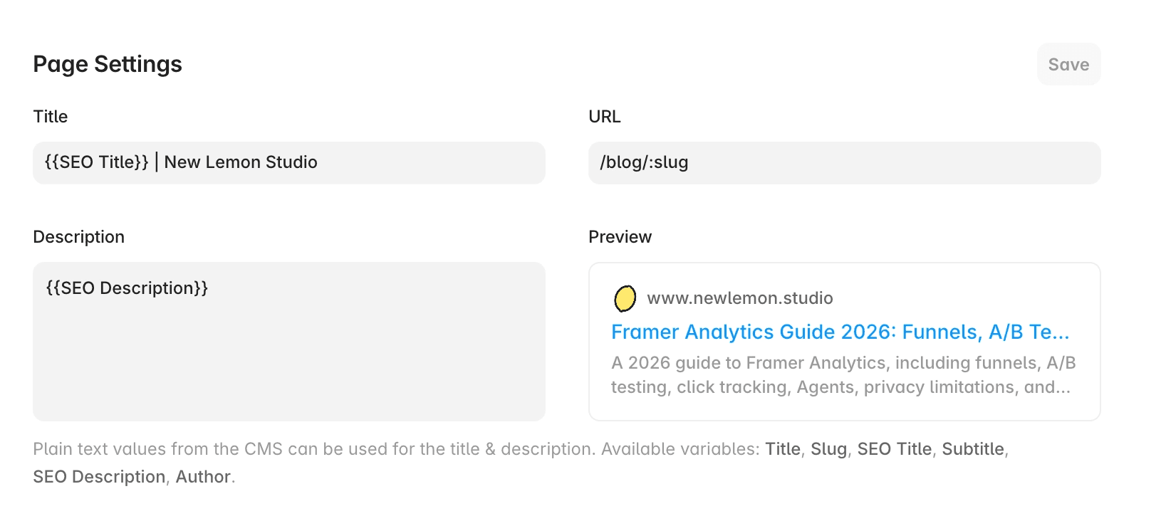 A Framer Settings screenshot that confirms the CMS template pulls the SEO title and description from the correct fields before publishing the updated article.