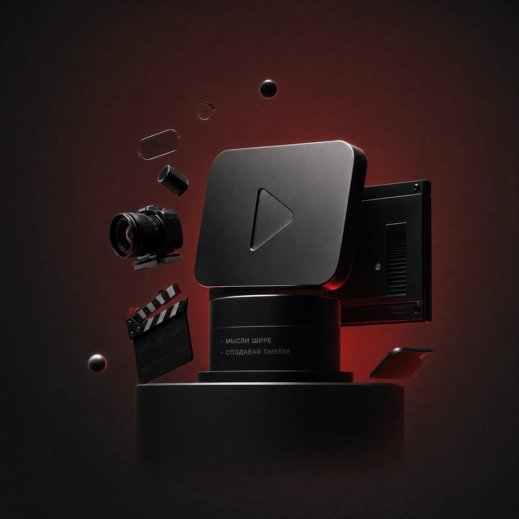 3D-кнопка YouTube на пьедестале с камерой и хлопушкой