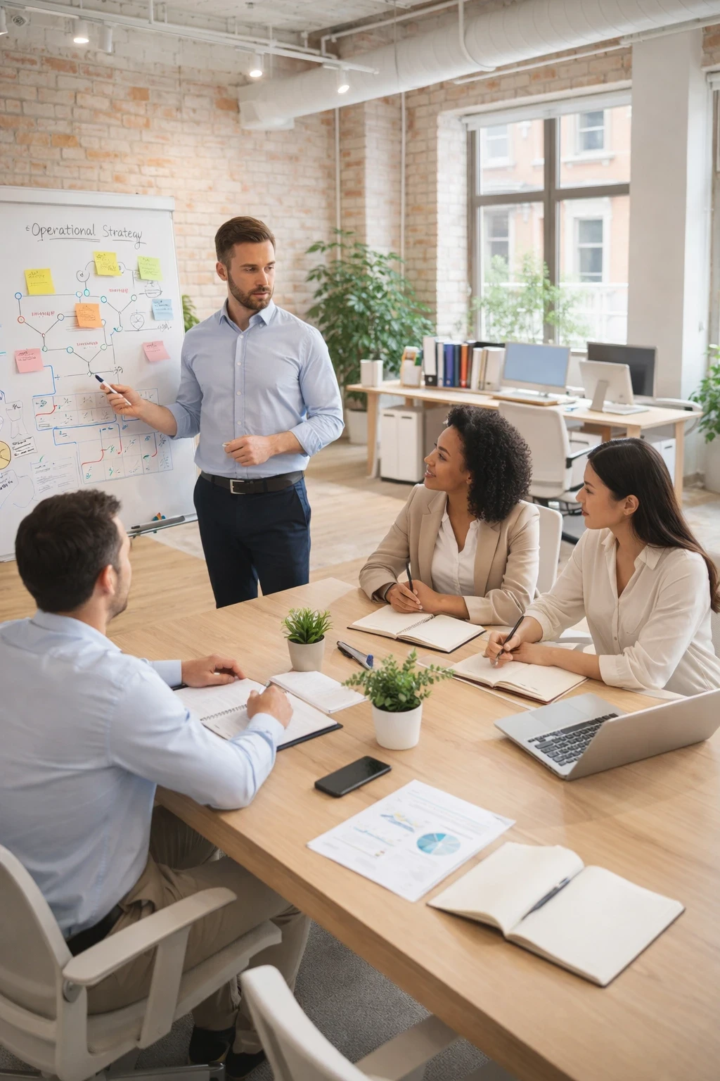 Consultant en stratégie opérationnelle animant un atelier d’analyse des processus et des leviers de performance avec une équipe dirigeante.