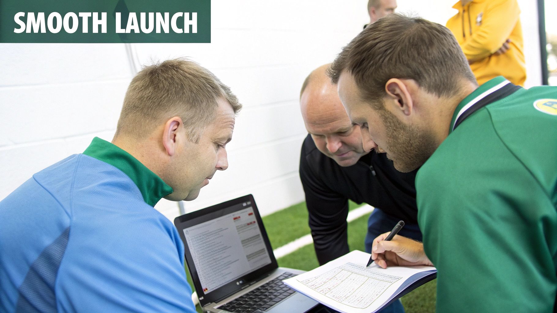 Three men collaborate, reviewing data on a laptop and paper document, planning a smooth launch.
