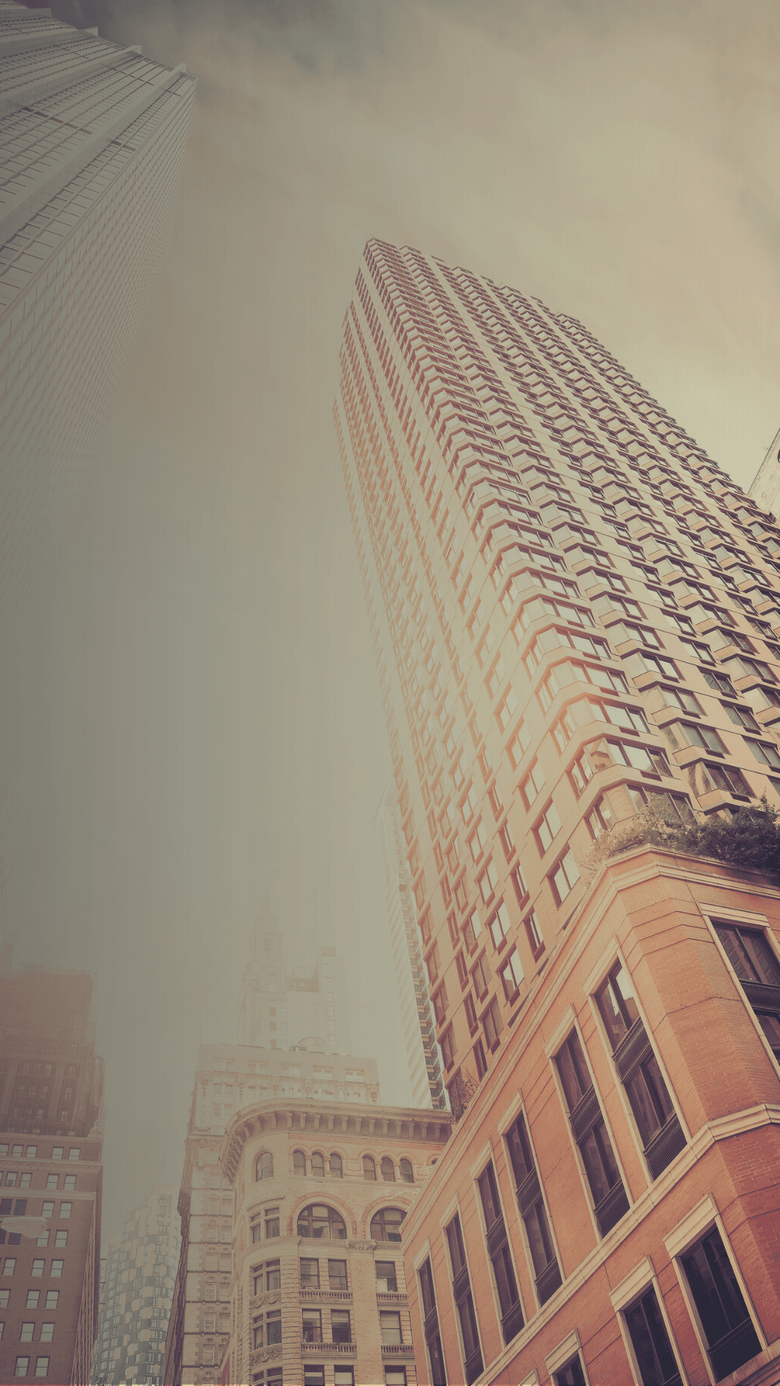 Tall city buildings with architectural details photographed from below with bright sunlight in the background.