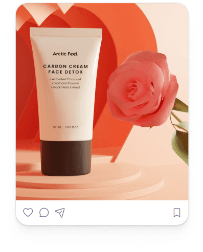 Carbon Cream Face Detox next to rose in front of heart shaped arch. Instagram post.