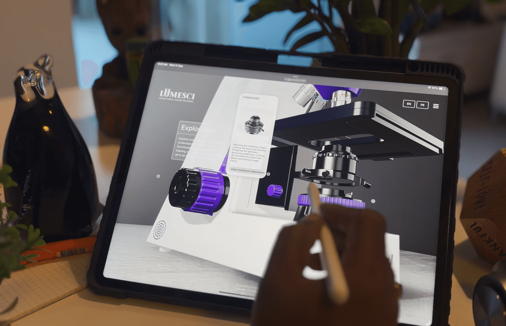 iPad based interactive 3D microscope product visualization with educational tooltip overlay