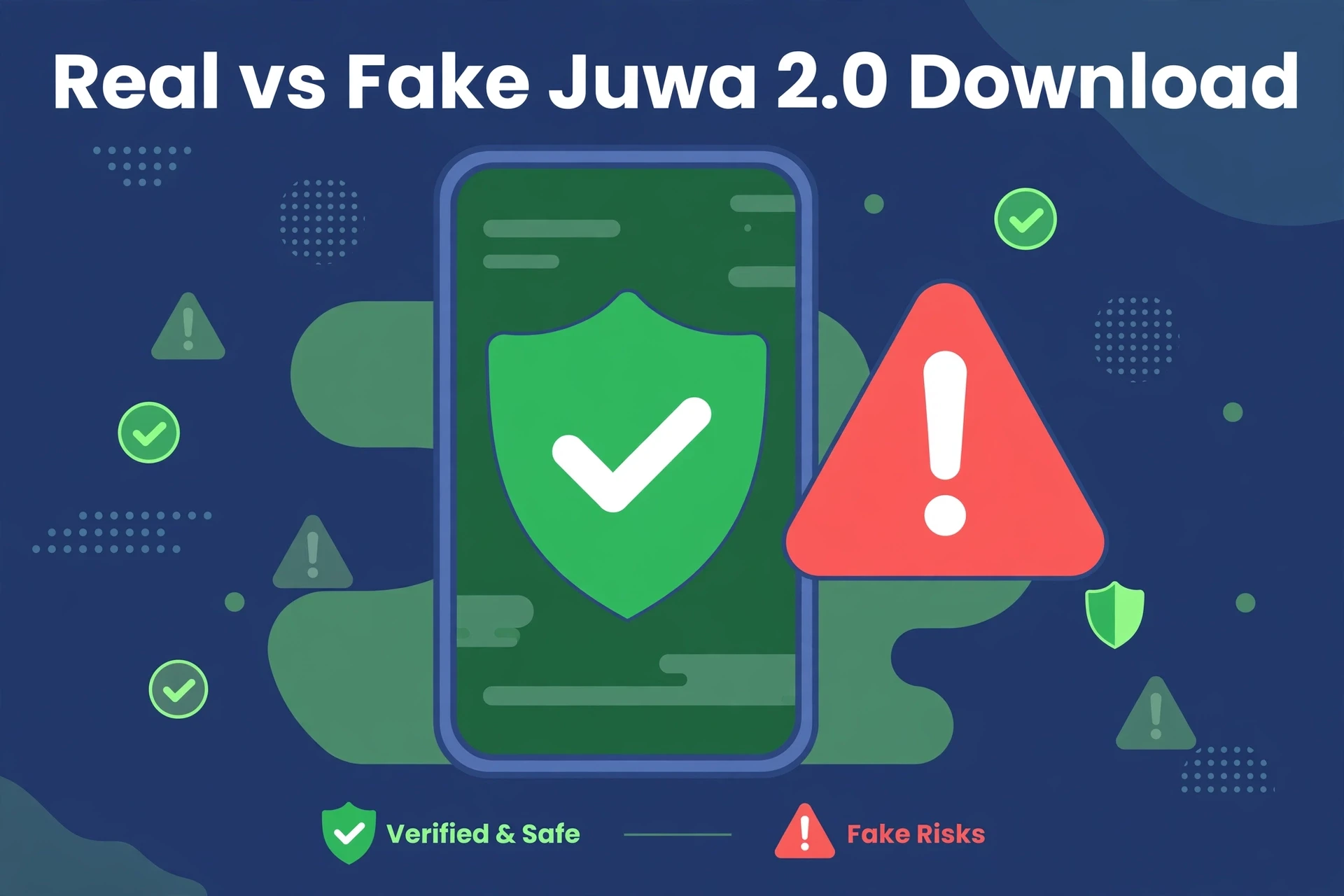 Phone with green safety shield and red warning sign showing real versus fake Juwa 2.0 download