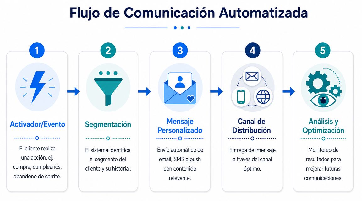 Diagrama de cinco pasos que explica el flujo de trabajo de la comunicación automatizada con clientes.