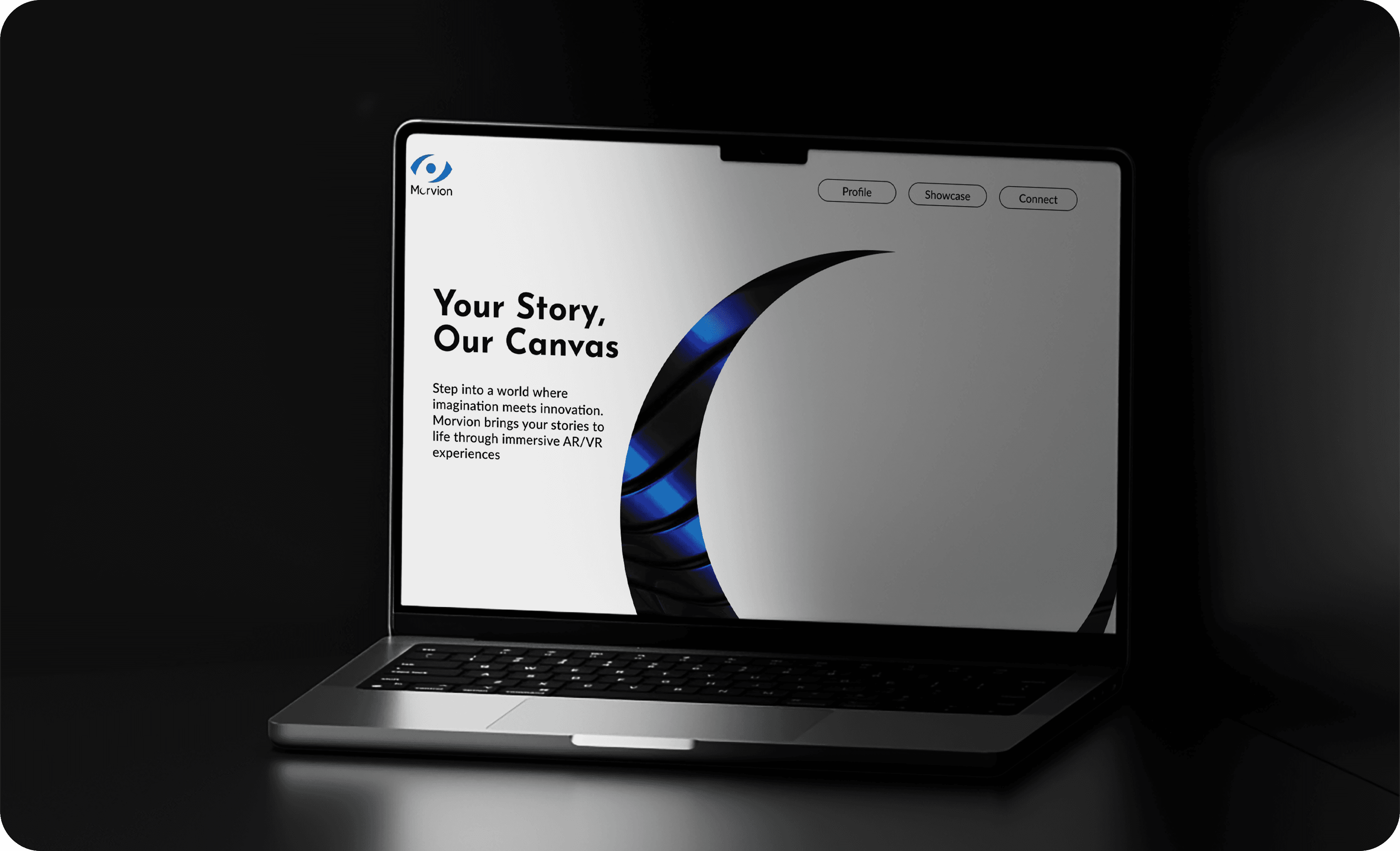 Morvion.com website on laptop, an AR and VR storytelling platform for immersive experiences.