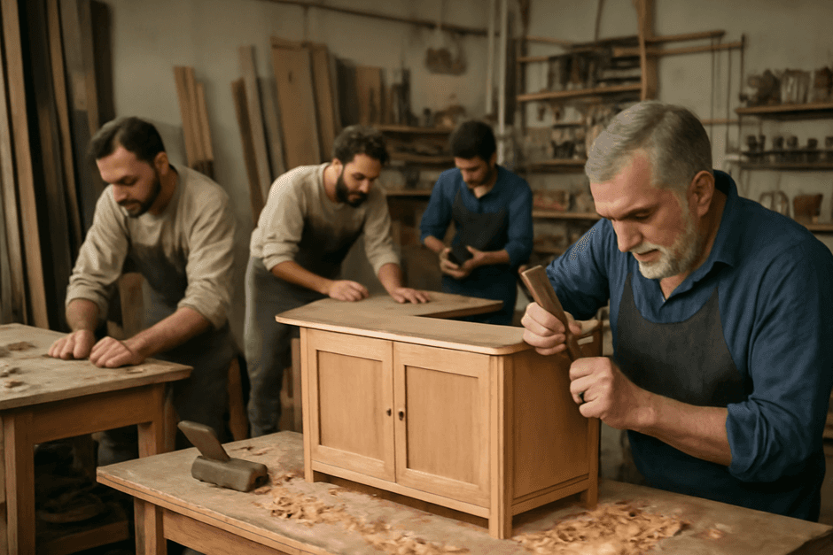 Handwerker bei der Möbelherstellung in einer Holzwerkstatt