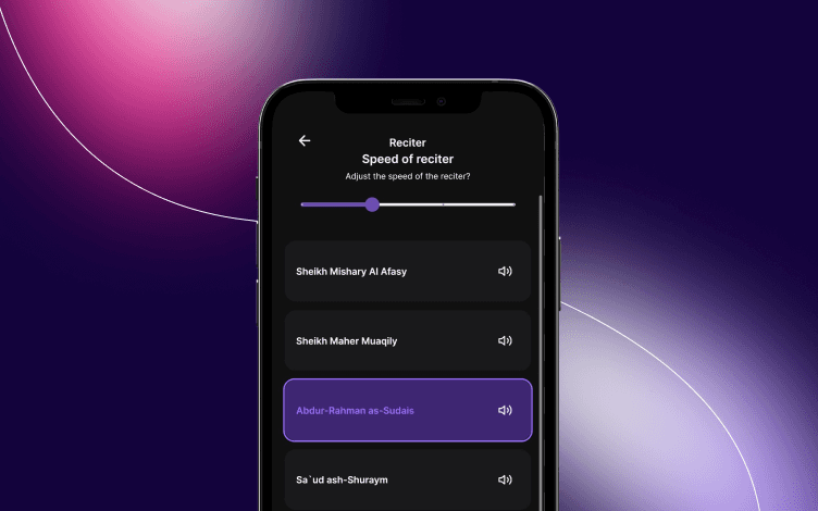 Choice of Quranic reciters with speed adjustment sliders in the Quranly app, aiding users in their Hifz and pronunciation practices.