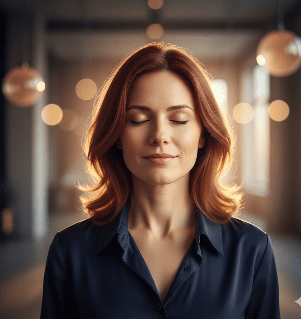 Woman with closed eyes, red hair, and a serene expression stands in soft-focus room with warm ambient lighting and blurred round lights. Peaceful mood.