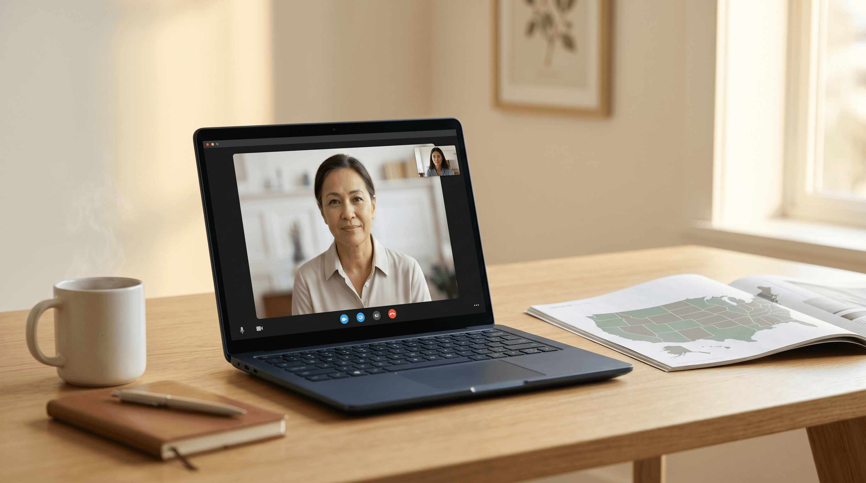 A laptop on a desk showing a video consultation in progress with a US map visible on a notebook beside it, suggesting cross-state telehealth practice.