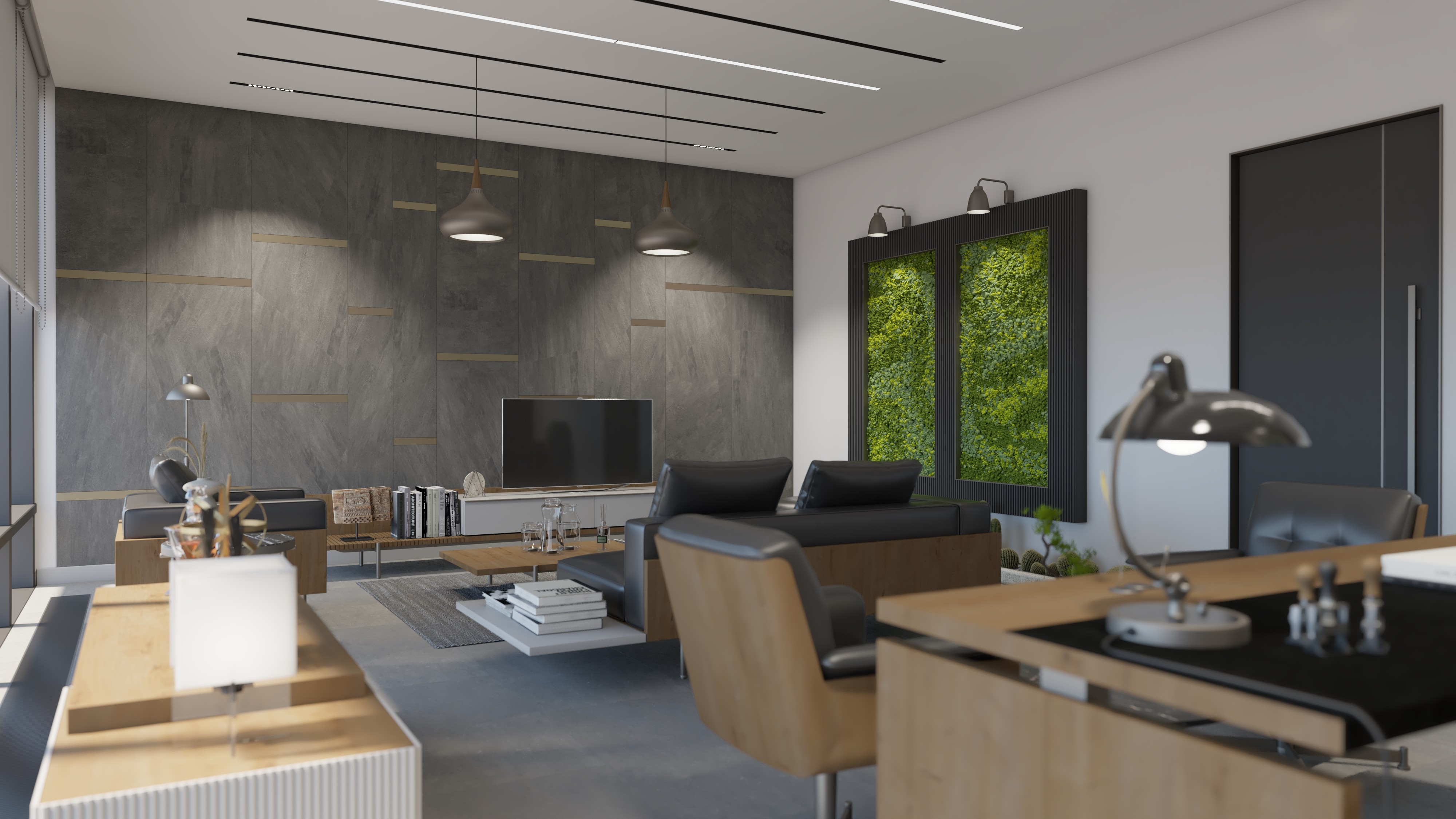 Modern executive office interior featuring a gray textured wall, green living wall panels, wooden furniture, and contemporary lighting — blending natural elements with minimal design aesthetics.