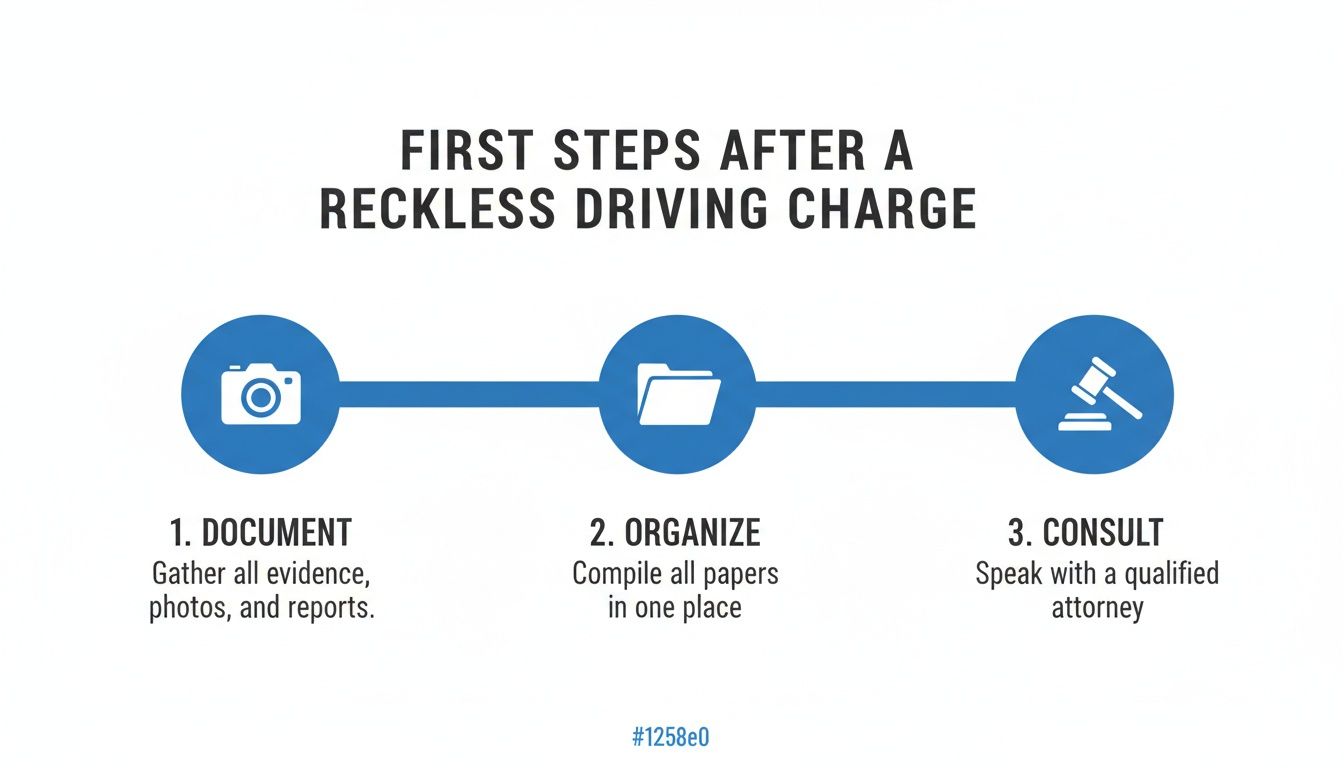 A blue infographic outlines three first steps after a reckless driving charge: document, organize, and consult a qualified attorney.